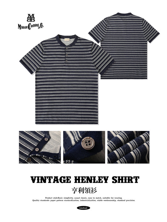 Henley Knitted Shirt-Navy Striped Heather