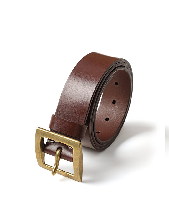 Horse Reins Leather Square Brass Pin Buckle Belt-Brown
