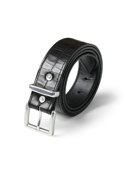 Alligator Bamboo-joint Patterned Embossed Square Buckle Belt-Black