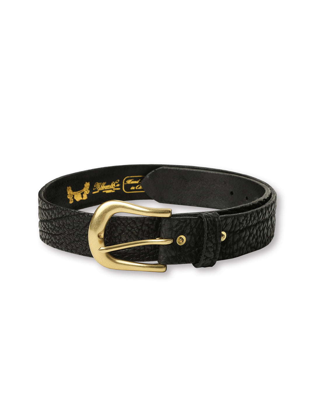 Brass Pin-Buckle Bison-Embossed Leather Belt-Curved Buckle