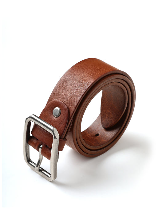 Vintage Octagonal Steel Pin Buckle Leather Belt-Tan Brown