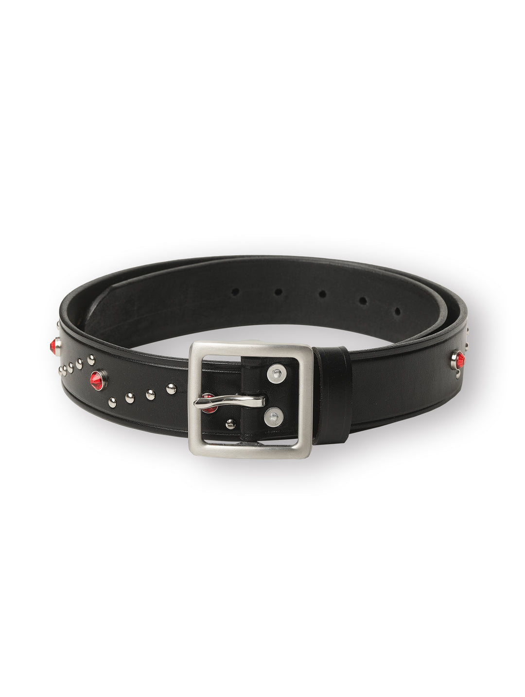 Edge-Embossed Full-Grain Leather Studded Belt-Red