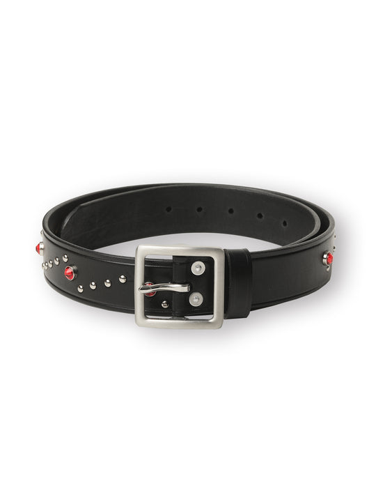 Edge-Embossed Full-Grain Leather Studded Belt-Red