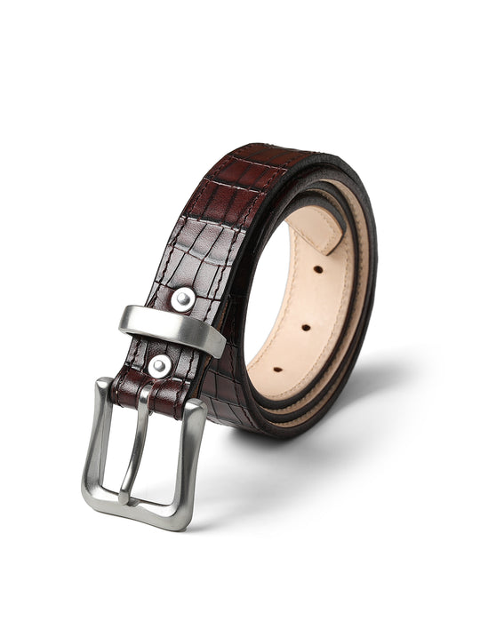 Alligator Bamboo-joint Patterned Embossed Belt-Stainless Steel Buckle-Brown