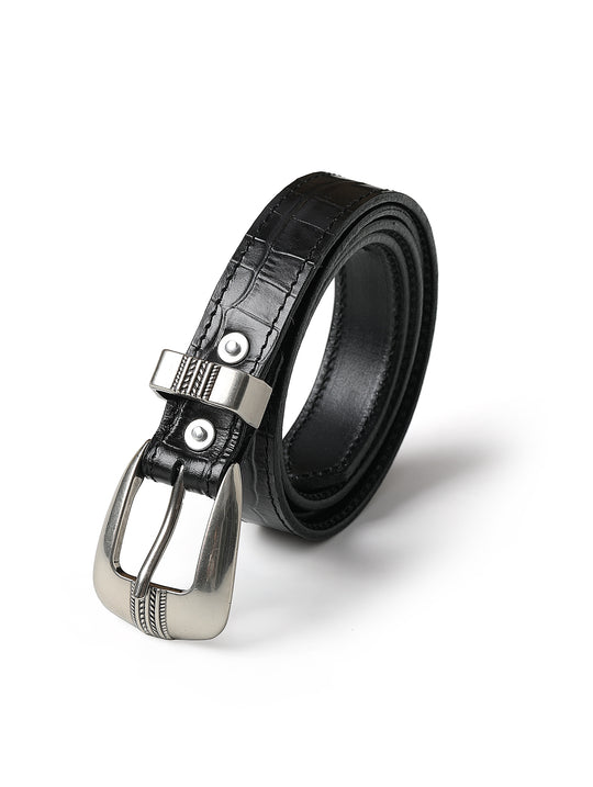 Crocodile-embossed Bamboo Knot Pattern Belt With Horsebit Buckle-Black