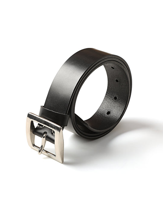 Horse Reins Leather Square Nickel Silver Pin Buckle Belt-Black