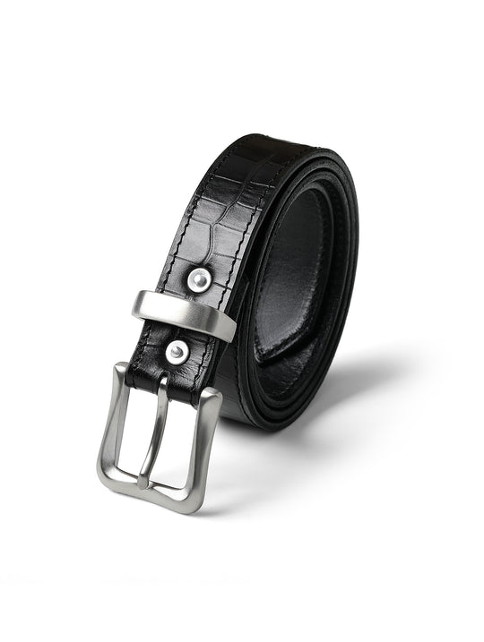 Alligator Bamboo-joint Patterned Embossed Belt-Stainless Steel Buckle-Black