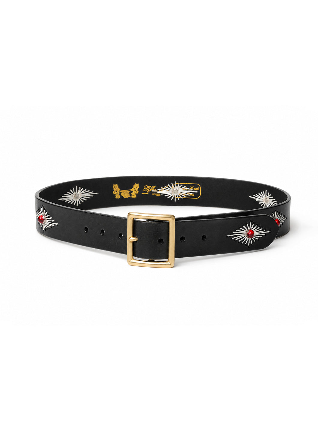 Hand-Stitched Diamond-Pattern Studded Waxed Leather Belt-Red Crystal Studs