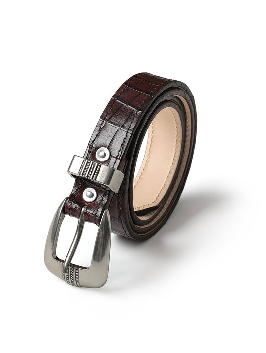 Crocodile-embossed Bamboo Knot Pattern Belt With Horsebit Buckle-Brown