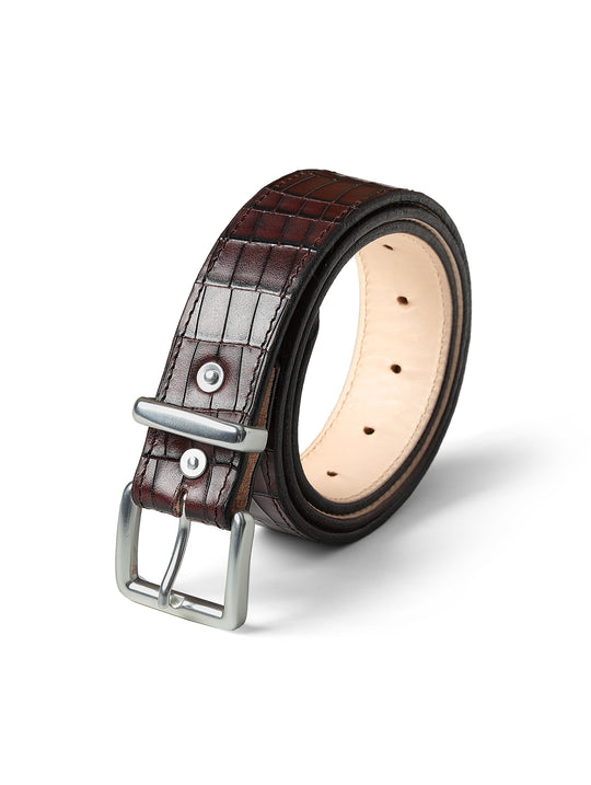 Alligator Bamboo-joint Patterned Embossed Square Buckle Belt-Brown