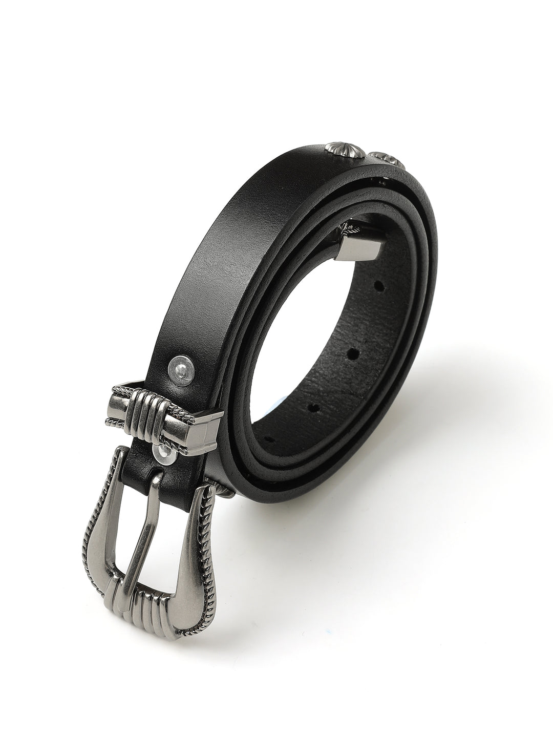 Western Rivet Belt with Engraved Braided-Pattern Alloy Buckle-Black