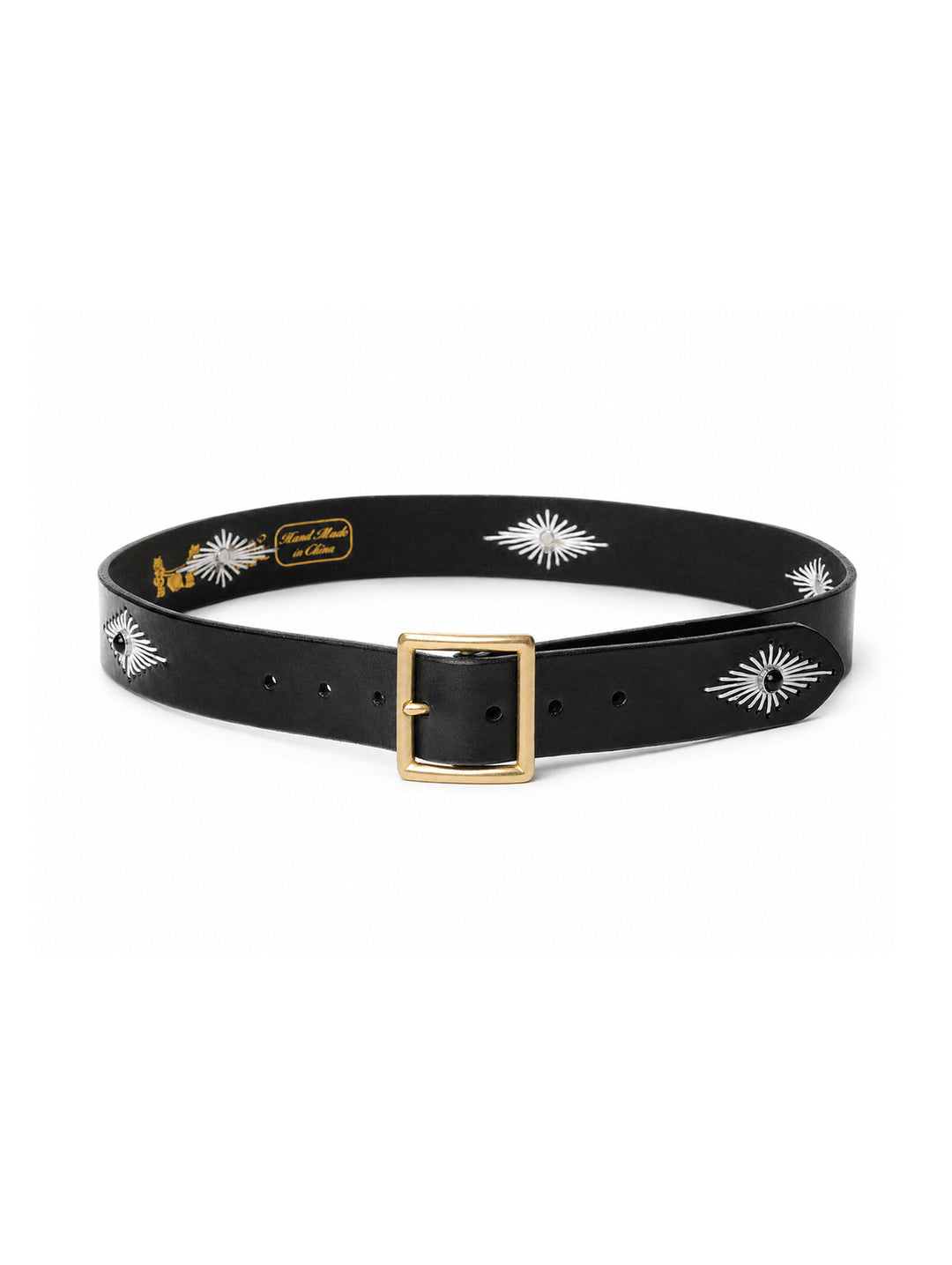 Hand-Stitched Diamond-Pattern Studded Waxed Leather Belt-Black Crystal Studs