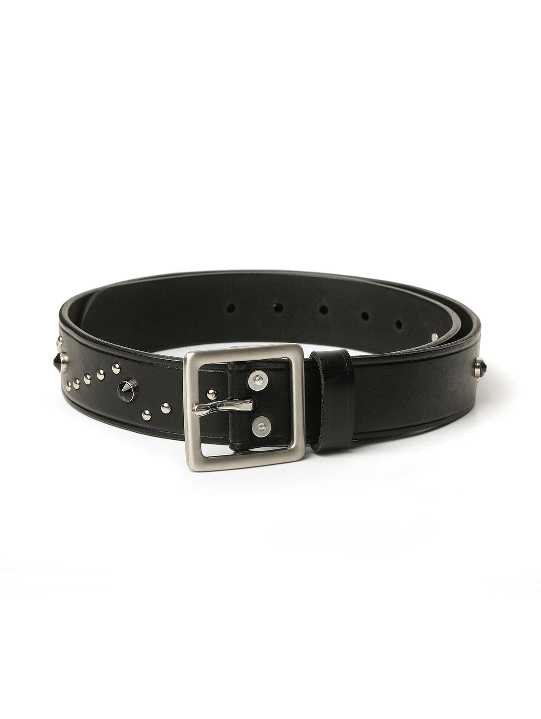Edge-Embossed Full-Grain Leather Studded Belt-Black