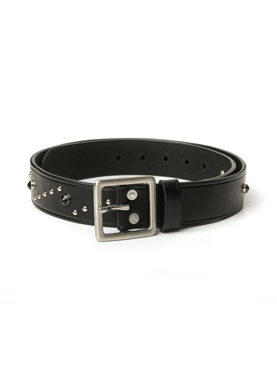 Edge-Embossed Full-Grain Leather Studded Belt-Black