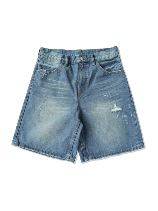 Retro Distressed Denim Shorts-Ice Blue