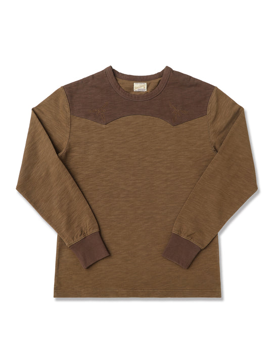 Western Series Sashiko Panel T-shirt-Dark Brown