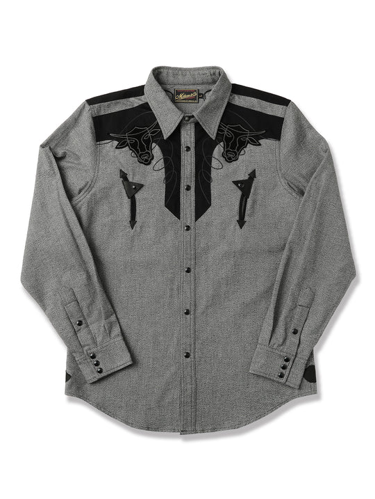 Western Series Salt-and-Pepper Panel Leather Embroidered shirt