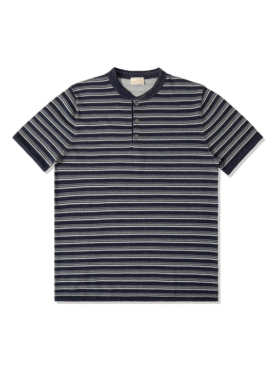 Henley Knitted Shirt-Navy Striped Heather