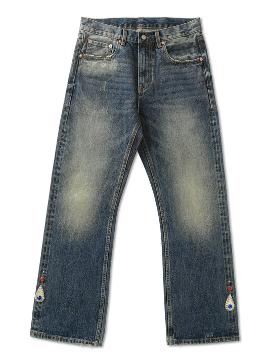 Hippie Studded Crystal Selvedge Denim Flared jeans