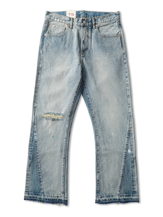 Destroyed Wash Patchworked Selvedge Denim Flared jeans
