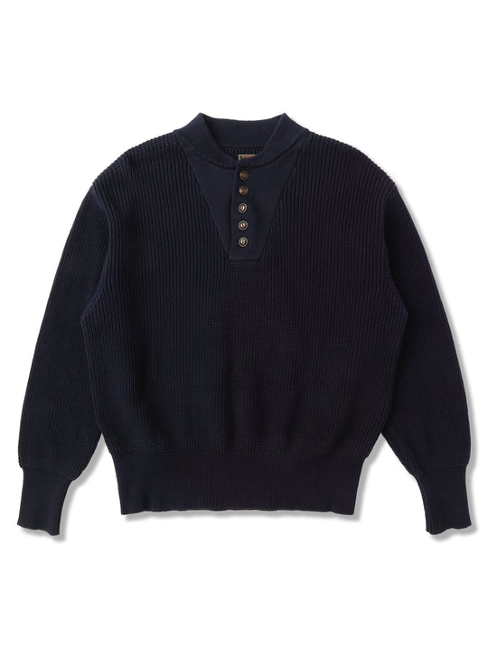 Five-Button Bib-Front Knit Sweater-Navy