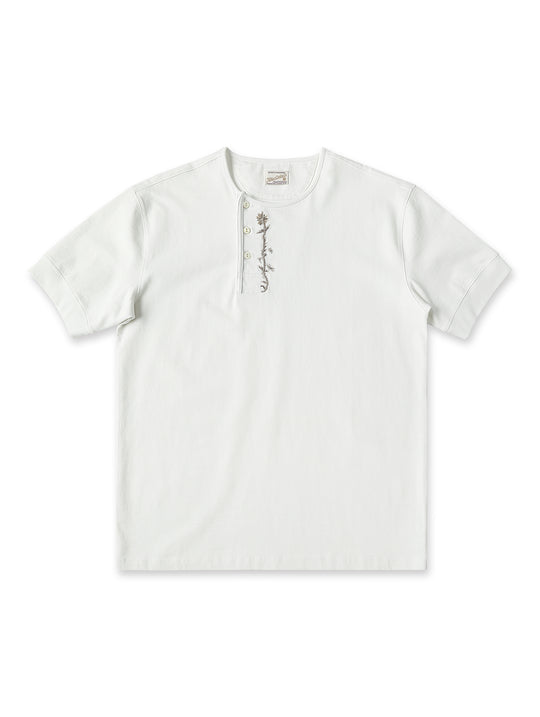 Western Series Floral Embroidered Henley T-shirt-White