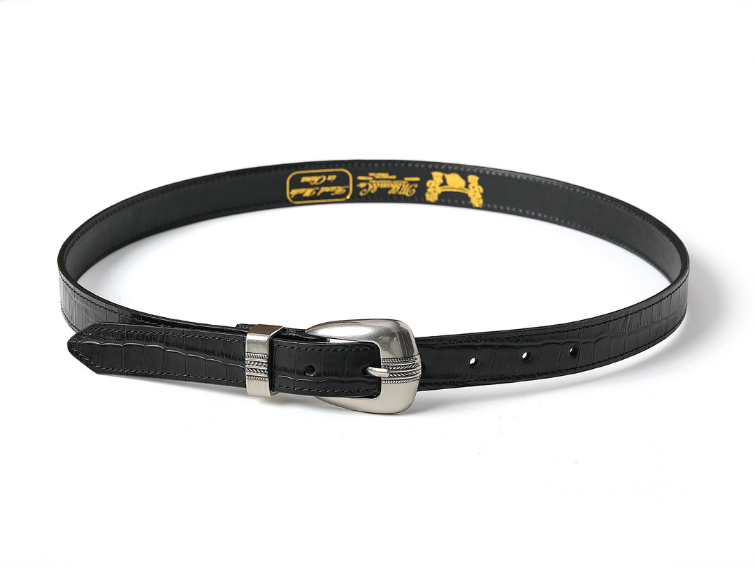 Crocodile-embossed Bamboo Knot Pattern Belt With Horsebit Buckle-Black