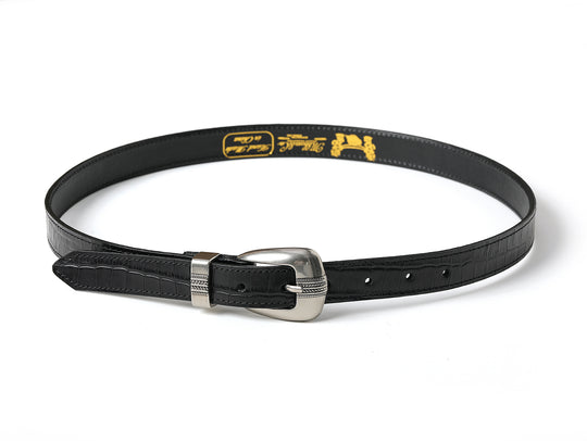 Crocodile-embossed Bamboo Knot Pattern Belt With Horsebit Buckle-Black