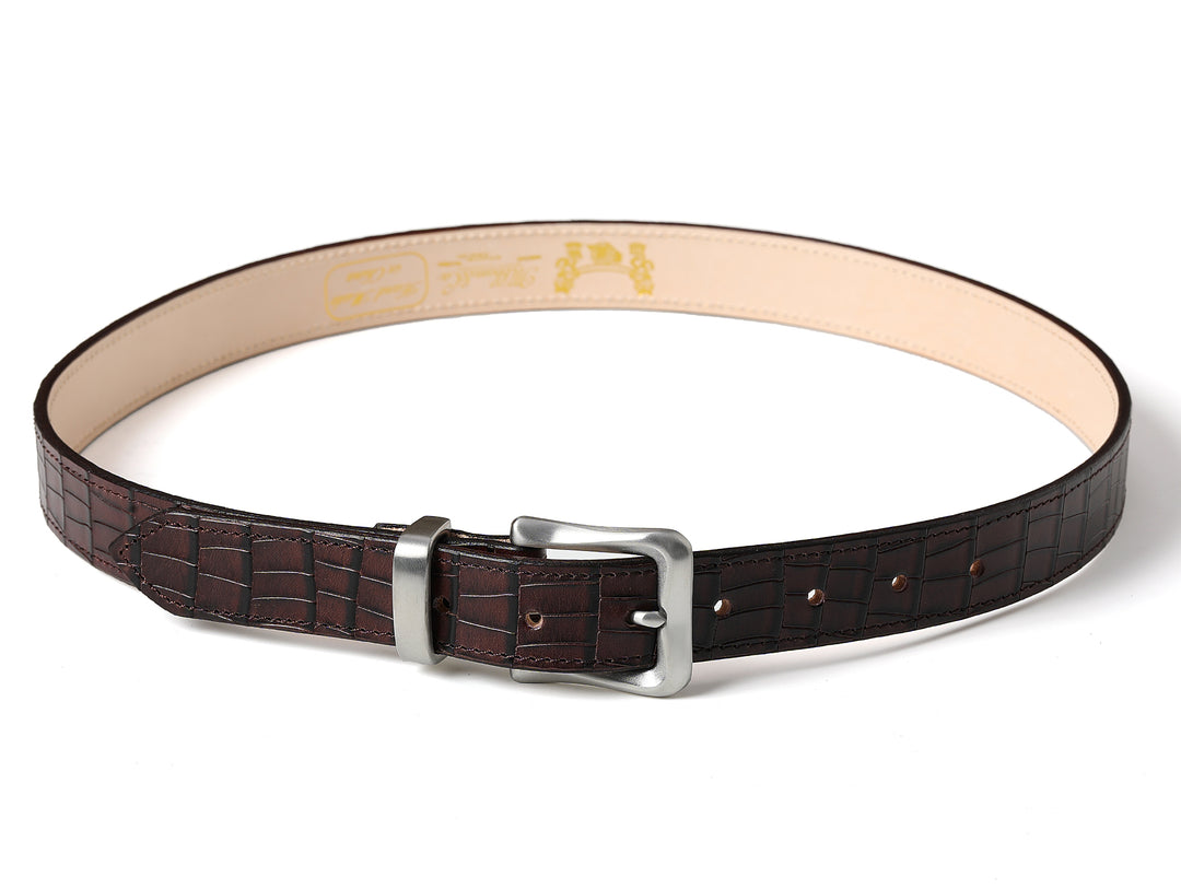 Alligator Bamboo-joint Patterned Embossed Belt-Stainless Steel Buckle-Brown