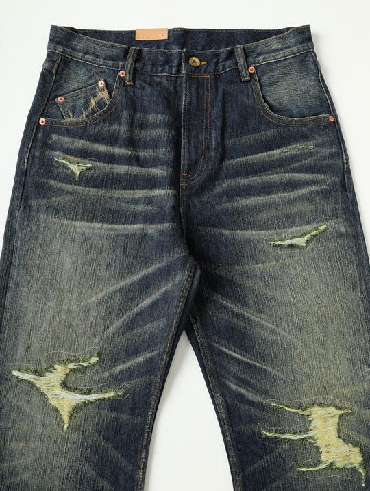 Xizang Collection Yellow Prayer Flag Core Washed Denim Wide-Leg jeans