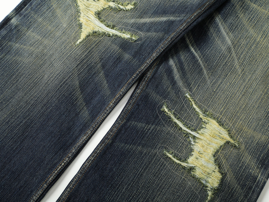 Xizang Collection Yellow Prayer Flag Core Washed Denim Wide-Leg jeans