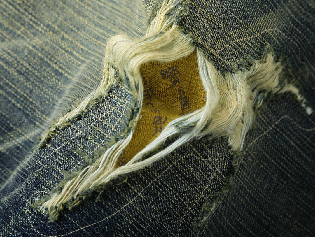 Xizang Collection Yellow Prayer Flag Core Washed Denim Wide-Leg jeans