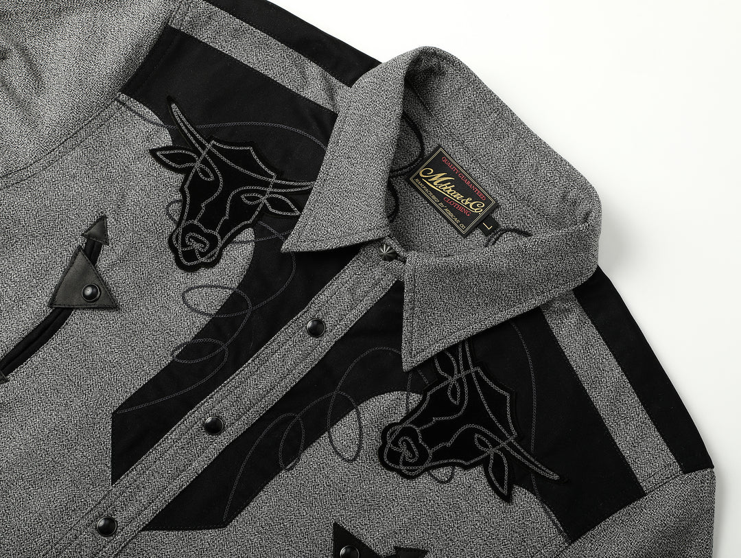 Western Series Salt-and-Pepper Panel Leather Embroidered shirt