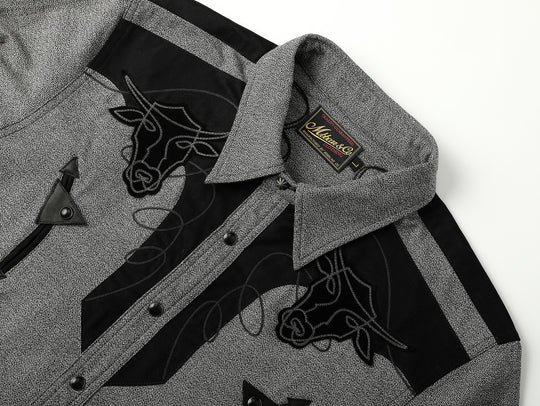 Western Series Salt-and-Pepper Panel Leather Embroidered shirt