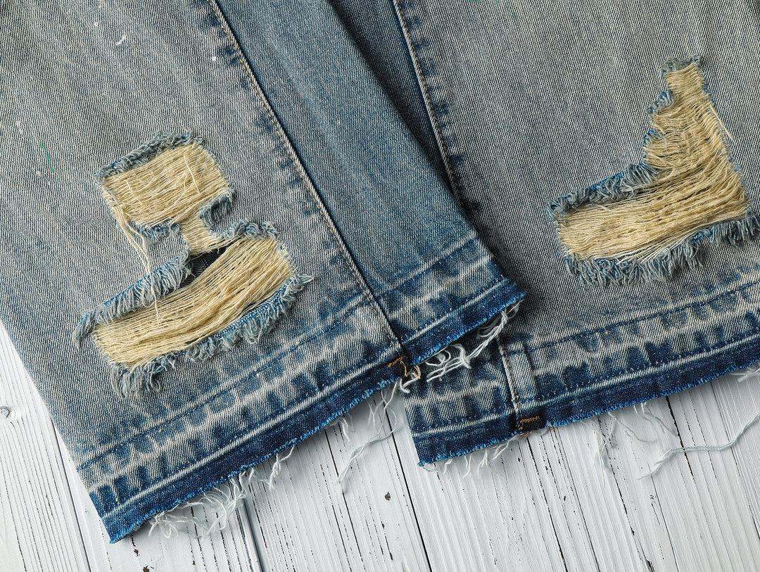 Destroyed Wash Patchworked Selvedge Denim Flared jeans
