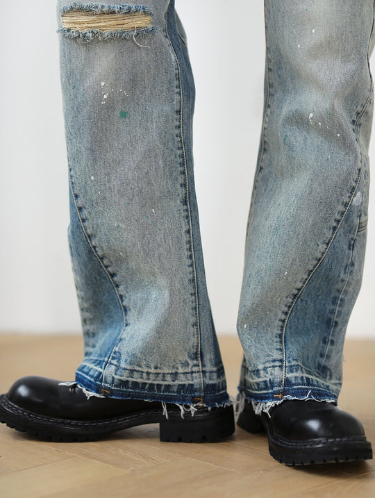 Destroyed Wash Patchworked Selvedge Denim Flared jeans