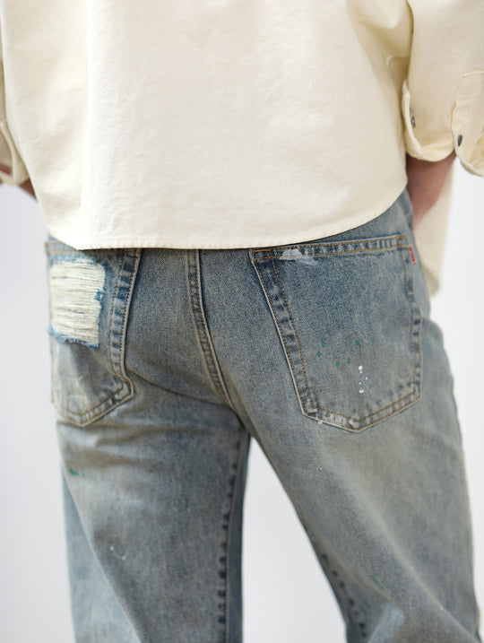 Destroyed Wash Patchworked Selvedge Denim Flared jeans