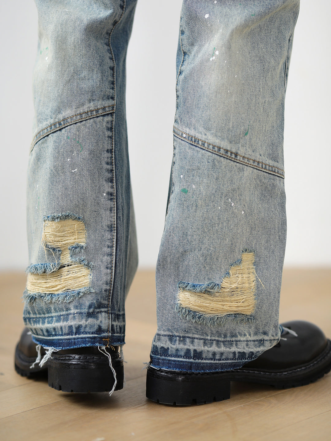 Destroyed Wash Patchworked Selvedge Denim Flared jeans