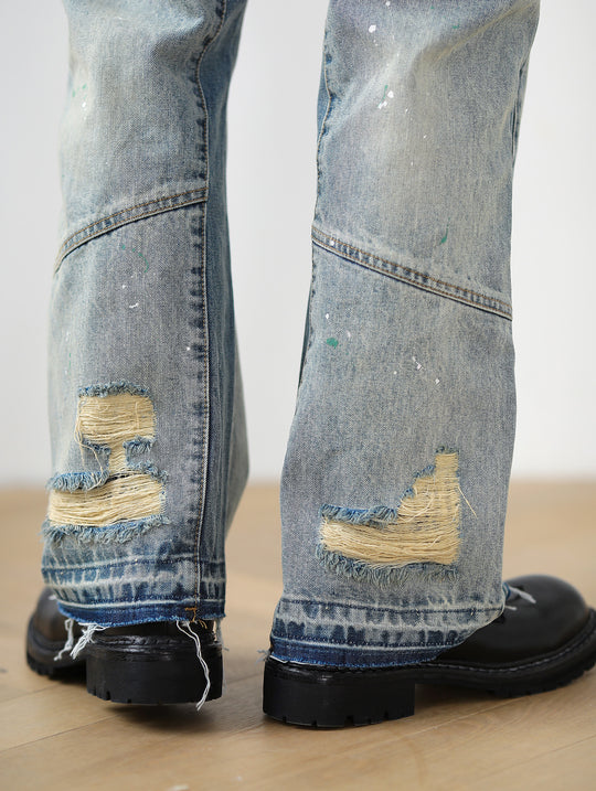 Destroyed Wash Patchworked Selvedge Denim Flared jeans