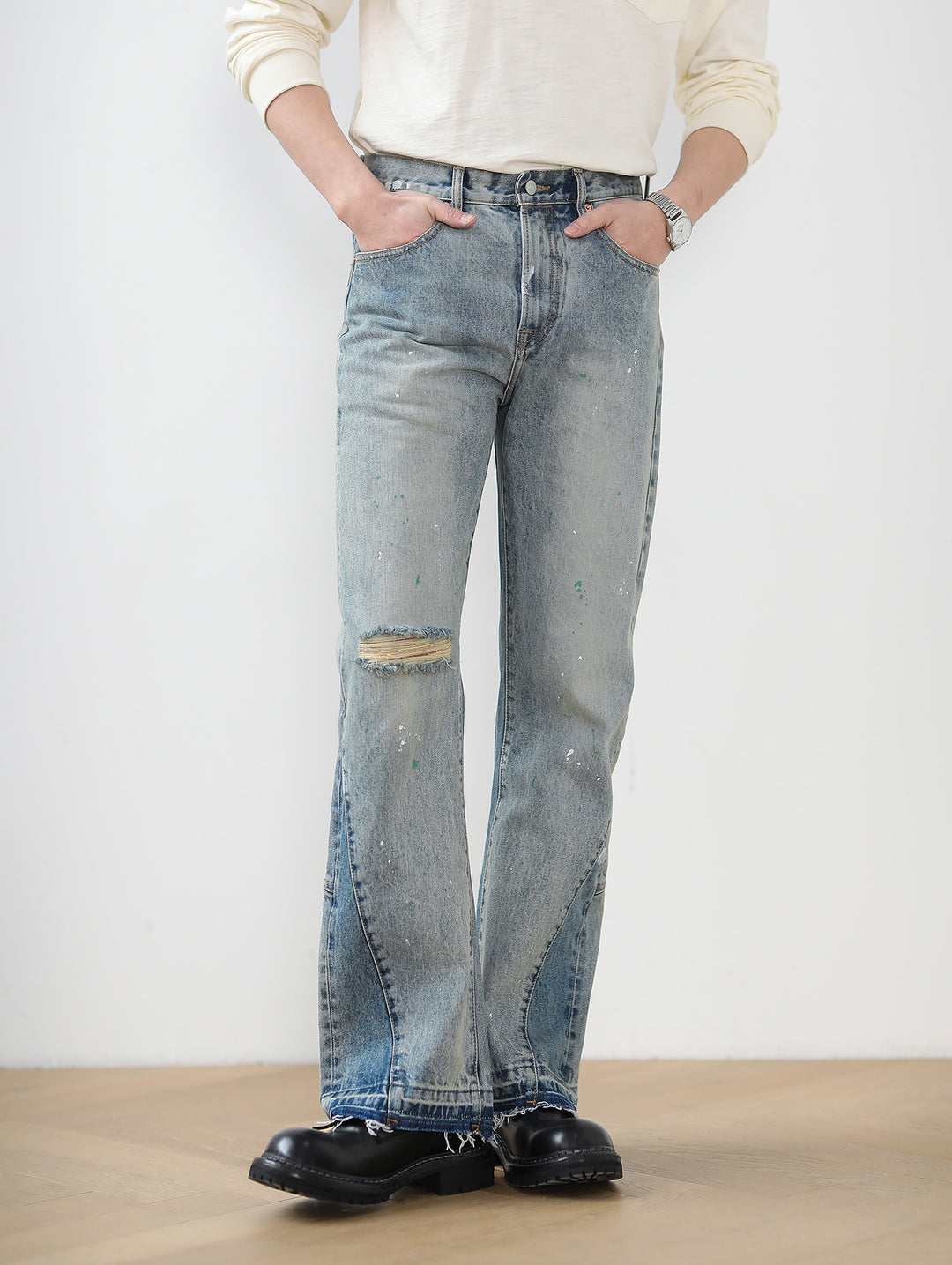 Destroyed Wash Patchworked Selvedge Denim Flared jeans