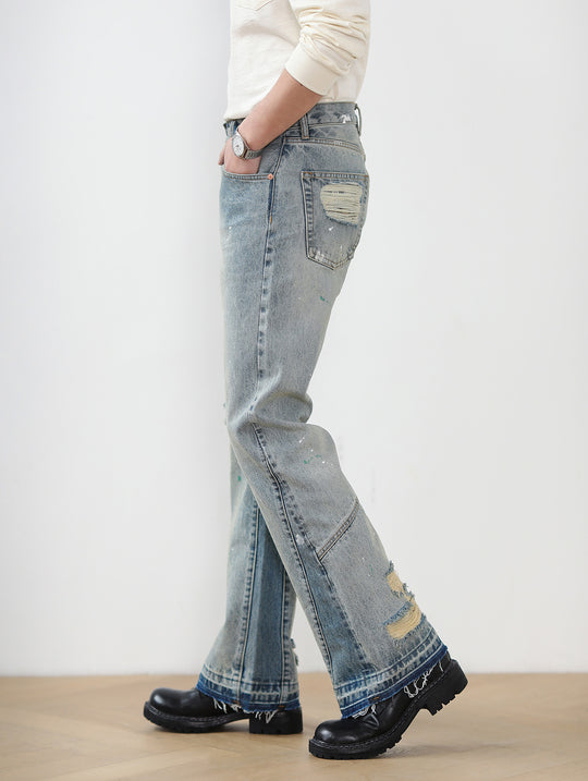 Destroyed Wash Patchworked Selvedge Denim Flared jeans