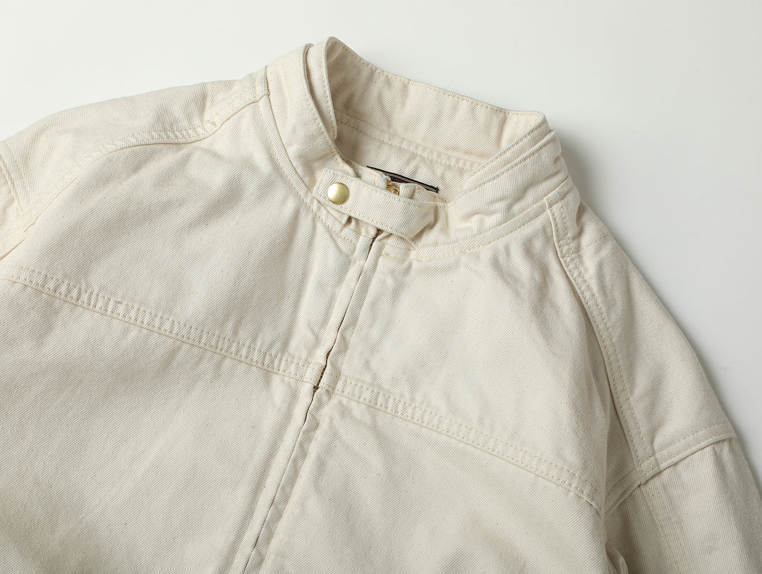 Motorcycle-Style White Denim Harrington Jacket