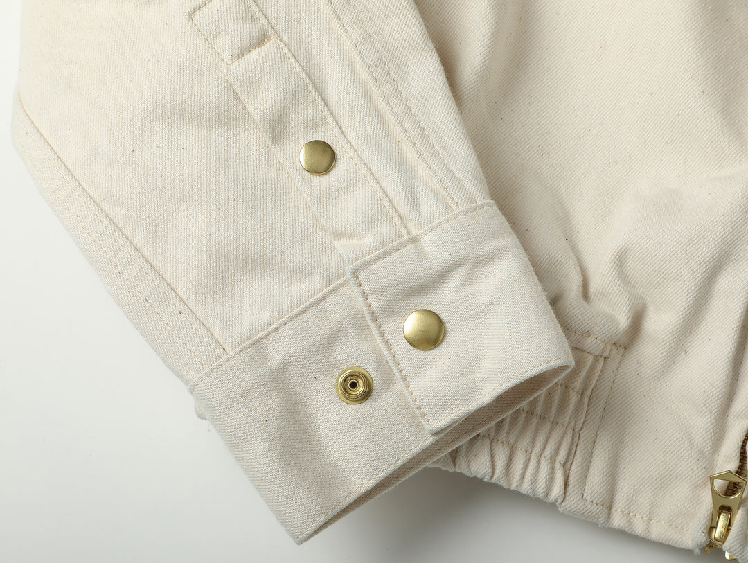 Motorcycle-Style White Denim Harrington Jacket