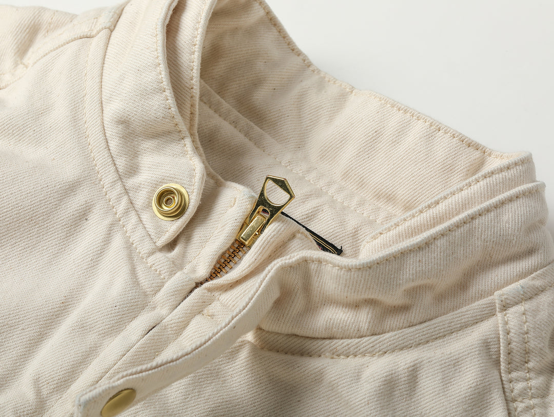 Motorcycle-Style White Denim Harrington Jacket