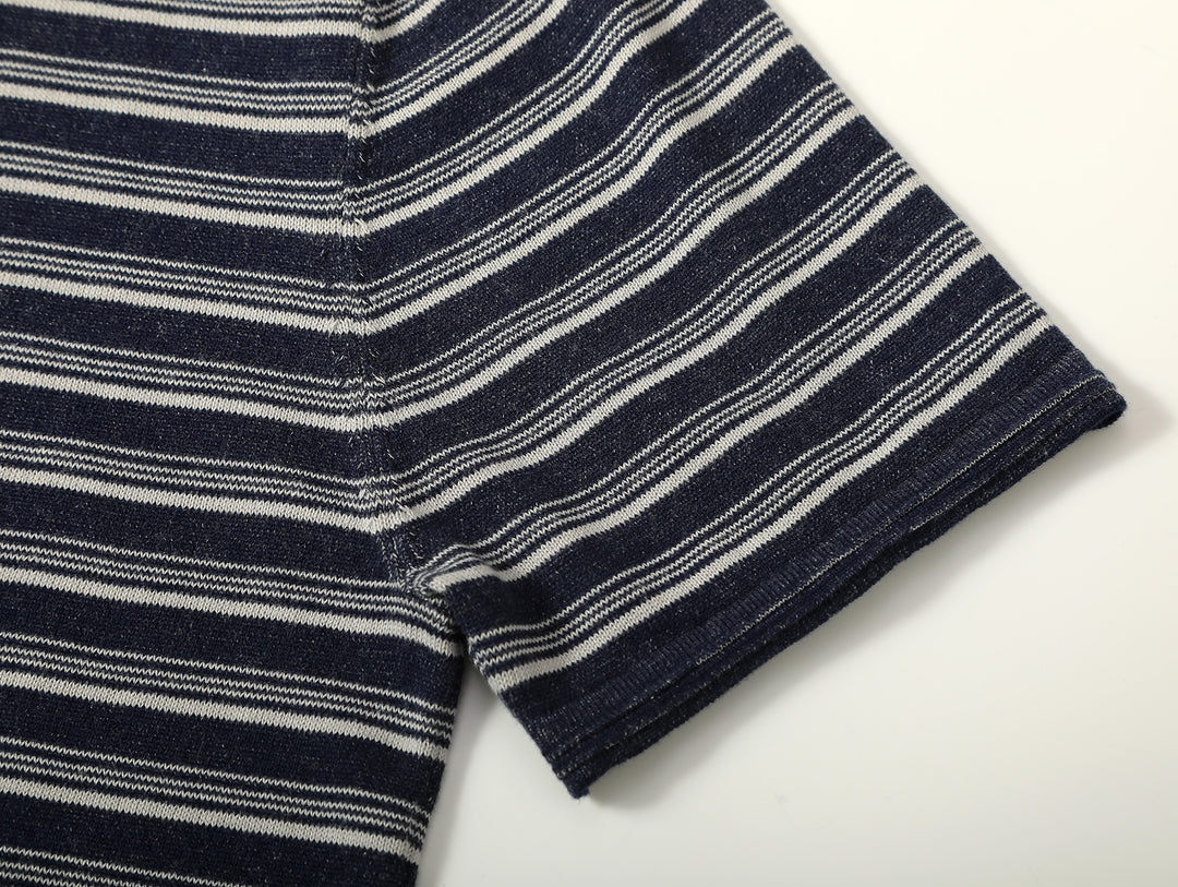 Henley Knitted Shirt-Navy Striped Heather