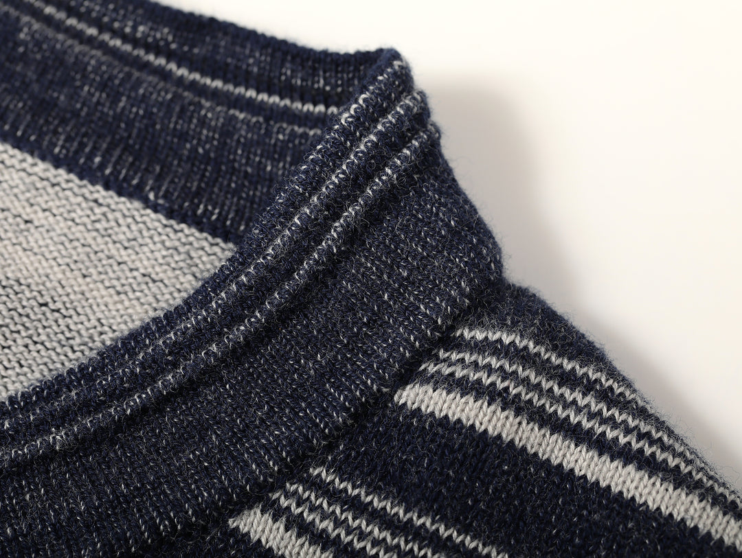 Henley Knitted Shirt-Navy Striped Heather