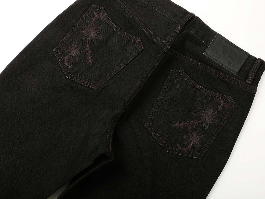 Western Series 14.3oz Black Swordsman Embroidered Flared jeans