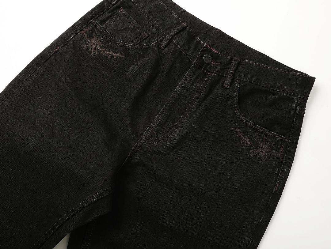 Western Series 14.3oz Black Swordsman Embroidered Flared jeans