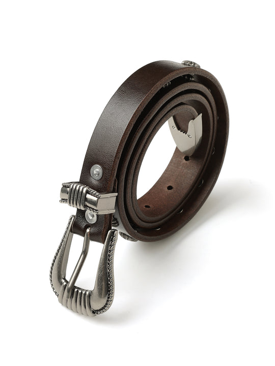 Western Rivet Belt with Engraved Braided-Pattern Alloy Buckle-Dark Brown