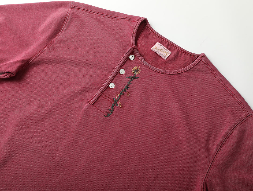 Western Series Floral Embroidered Henley T-shirt-Sun-faded Red
